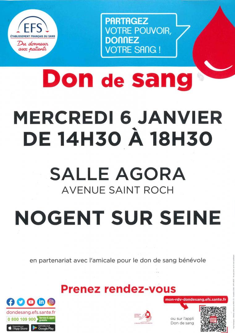 Don de sang - Mercredi 6 janvier 2021 de 14h30 à 18h30 - Agora