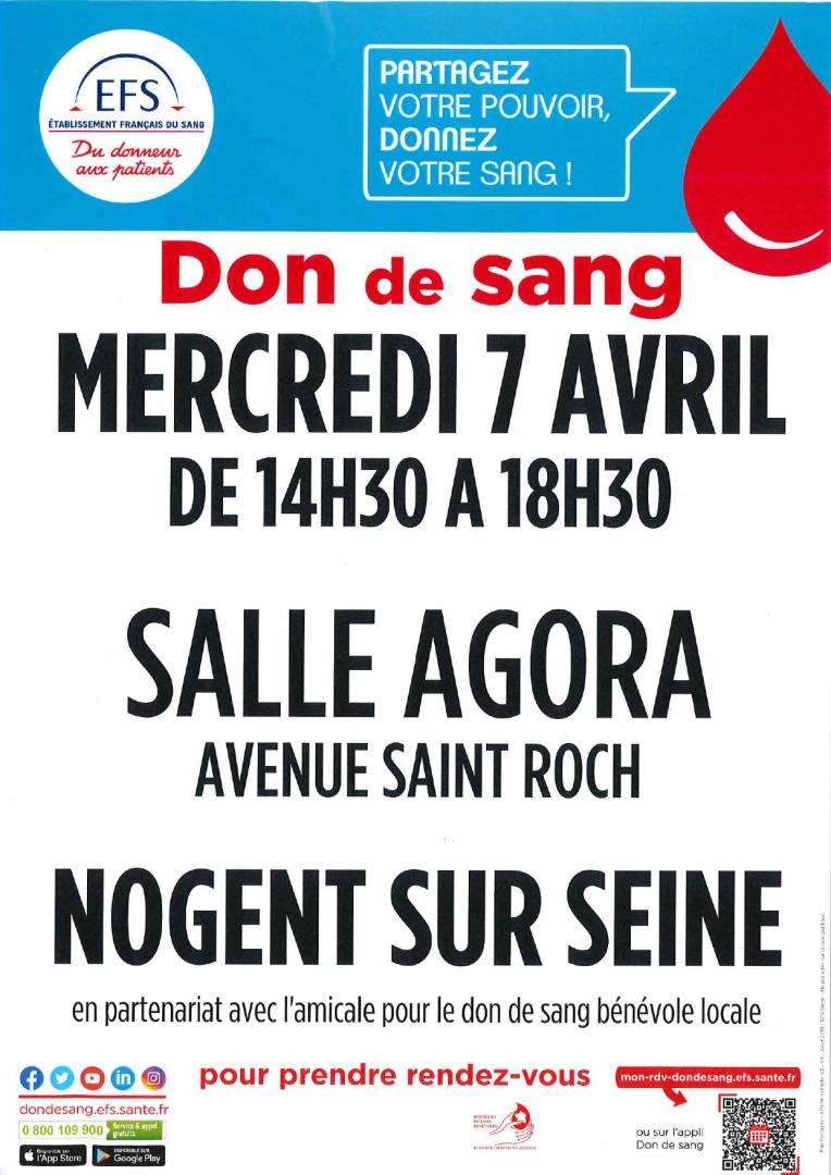 Don de sang - Mercredi 7 avril de 14h30 à 18h30 à l'Agora Michel Baroin